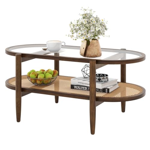 FANTASK Wohnzimmertisch mit Glas Tischplatte & Rattan Ablage, Kaffeetisch Couchtisch Beistelltisch mit Holzbeinen für Wohnzimmer 102 x 56 47 cm, Braun FANTASK Wohnzimmertisch mit Glas Tischplatte & Rattan Ablage, Kaffeetisch Couchtisch Beistelltisch mit Holzbeinen für Wohnzimmer 102 x 56 47 cm, Braun von FANTASK