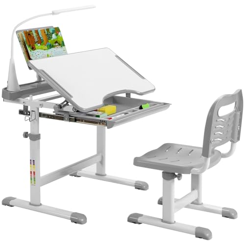 FANTASK höhenverstellbarer Kinderschreibtisch Set mit gekippter Tischplatte & Schublade & mit Bücherständer & LED-Licht, Kinder Schreibtisch (Grau) von FANTASK