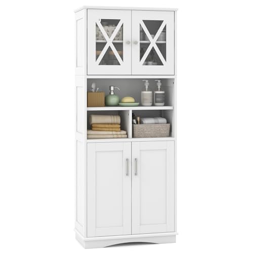 FANTASK schmaler Badschrank, 60 x 30 x 145 cm, Badezimmerschrank mit 3 verstellbaren Regalen & 4 Türen, Hochschrank Holz für Badezimmer, Wohnzimmer & Küche (Weiß) von FANTASK