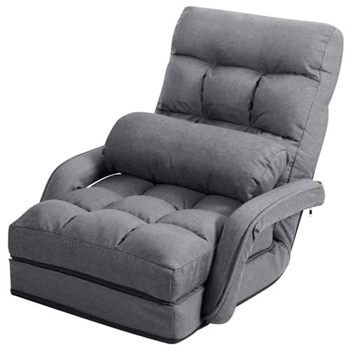 FANTASK verstellbare Sofa, Klappsofa Lazy, Verstellbare Rückenlehne 90° bis 180°, Liegebett mit Armlehnen und Kissen für Zuhause, Grau von FANTASK