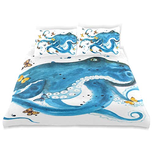 FANTAZIO Blauer Oktopus mit Schmetterlingsmuster, Kinder-Bettbezug-Set, atmungsaktiv, Doppelgröße, 3-teiliges Bettwäsche-Set, Standardgröße, Kissenbezug für Kinder und Jugendliche von FANTAZIO
