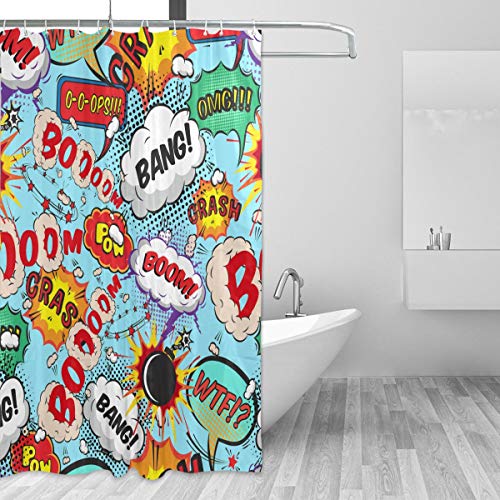 FANTAZIO Duschvorhang, Motiv: Comic Sprechblasen, Bang! Boom! Muster, Polyester, mit dicken C-förmigen Haken, für Badezimmer, wasserdicht, langlebig und super wasserdicht, 183 x 183 cm von FANTAZIO