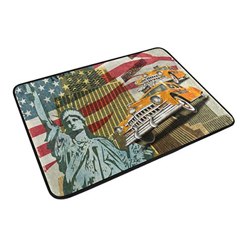 FANTAZIO Fußmatten für den Eingangsbereich im Freien, Amerika-Freiheitsstatue und Retro-Auto-Teppich, gerade, für Küche/Badezimmer, 59,9 x 39,9 cm von FANTAZIO