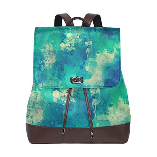 FANTAZIO Rucksack Abstrakte Kunst Aquarell Grün Schultasche Leder Daypack von FANTAZIO