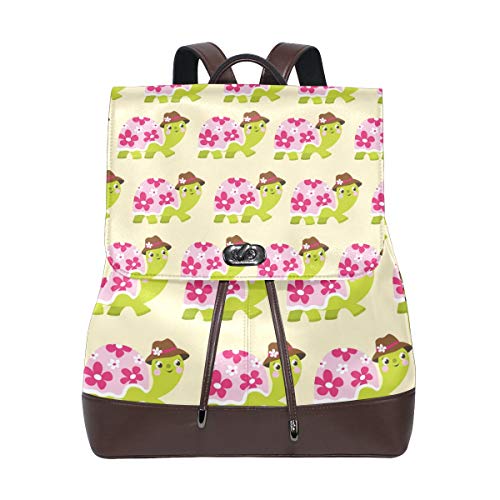 FANTAZIO Rucksack Baby Blume Schildkröte mit Hut Schultasche Leder Daypack von FANTAZIO