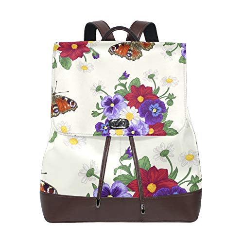 FANTAZIO Rucksack Blumen und Schmetterlinge Schultasche Leder Daypack von FANTAZIO