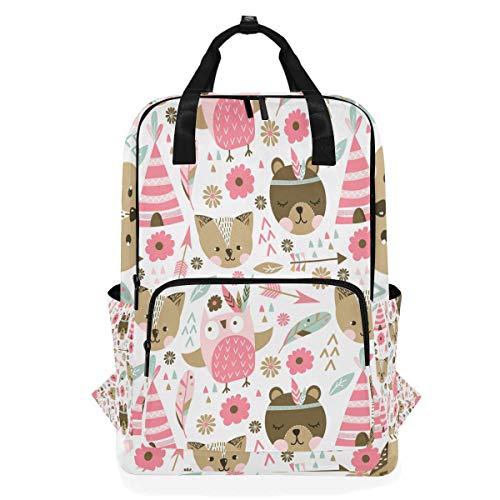 FANTAZIO Rucksack Cartoon-Bär, Fuchs, Eule und Blumen, lässiger Tagesrucksack von FANTAZIO