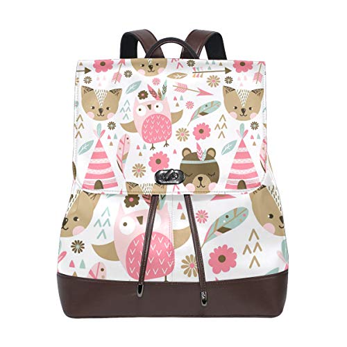 FANTAZIO Rucksack Cartoon Bär Fuchs Eule und Blumen Schultasche Leder Daypack von FANTAZIO