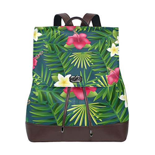 FANTAZIO Rucksack Schöne Palme mit roten Blumen Schultasche Leder Daypack von FANTAZIO