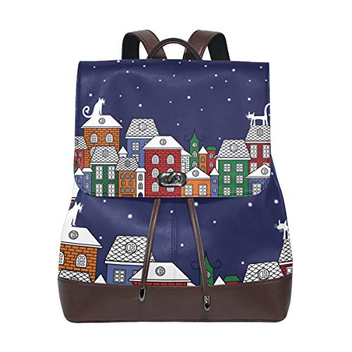 FANTAZIO Rucksack Weihnachten Katzen Häuser Sterne Mond Schultasche Leder Daypack von FANTAZIO