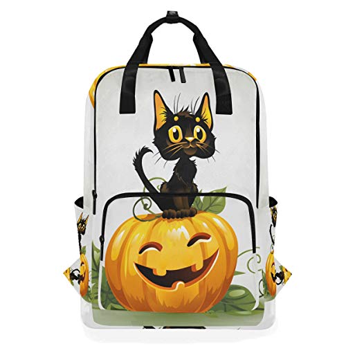 FANTAZIO Rucksack mit schwarzer Katze auf Halloween, Kürbis-Rucksack von FANTAZIO