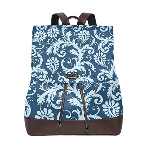 FANTAZIO Rucksäcke Blau Europäische Blumen Schultasche Leder Daypack von FANTAZIO