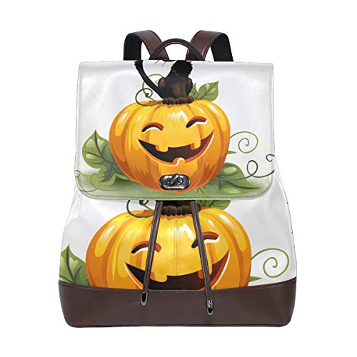 FANTAZIO Rucksäcke Schwarze Katze auf Halloween Kürbis Schultasche Leder Daypack von FANTAZIO