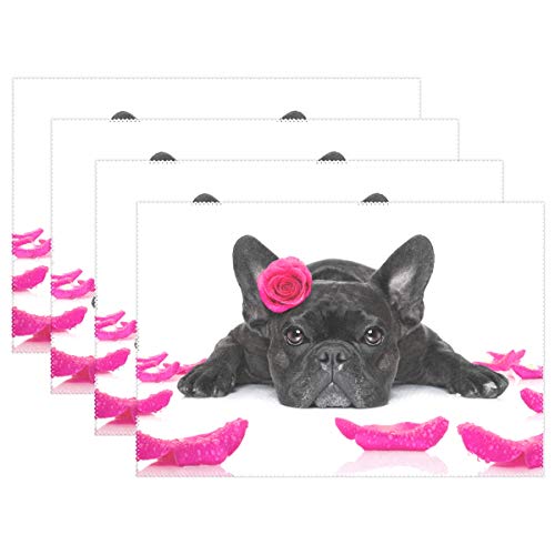 Fantazio Tischsets Französische Bulldogge mit Rose Tischsets für Küche Esstisch Dekoration waschbar langlebig, Polyester, 1, 4 Stück von FANTAZIO