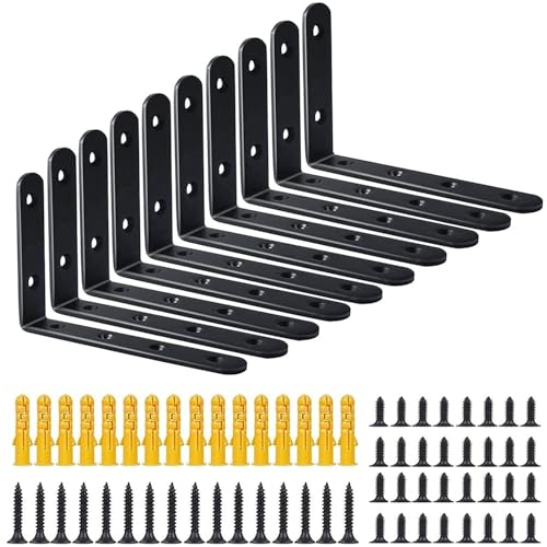10 Stück Schwarze Regalstütze, 125mm*75mm L-Eck Regalstütze, Regalstütze Eckregal, Wandstütze für Haus, Büro, Garten (Schwarz mit Schrauben) von FANWINKJ