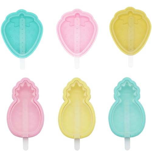 FANXIYA 6er Eisformen Silikon Stapelbar Eis am Stiel Formen Verschiedenfarbig Popsicle Formen Set BPA Frei Stieleisformen mit Deckel Eiscreme Formen (3 Ananas + 3 Erdbeere) von FANXIYA