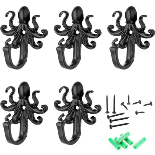 FANYUN 5 Pack Kleiderhaken Wandhaken, Octopus Dekorative Wandhaken Rustikaler Metallbügel für Handtuch, Schlüsselhalter, Hängende Mäntel, Schals, Taschen, Geldbörsen, Rucksäcke Wohnkultur (Octopus) von FANYUN