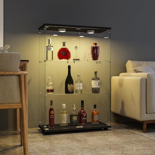 FANYUSHOW Glasvitrine Standvitrine in Schwarz - Vitrinenschrank mit Glastür, 5 mm Gehärtetes Glas Sammlervitrine - Glasvitrine Regal Glas Schrank mit Licht 125 x 79 x 36.5 cm von FANYUSHOW