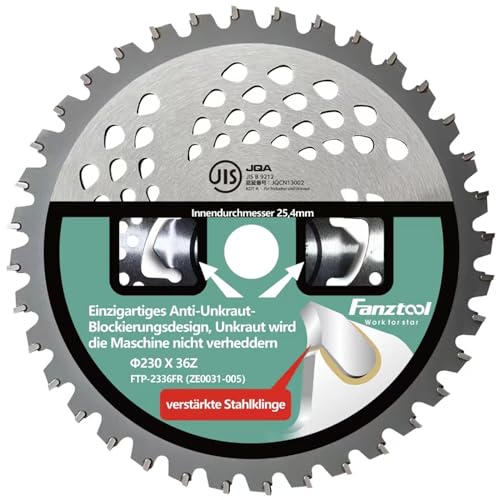 FANZTOOL Hartmetall Kreissägeblatt Freischneider Klinge 230D x 36Z mit Anti-Unkraut-Blockierung für Mäharbeiten, Ersatzmesser für Akku und Benzin Rasentrimmer & Motorsensen, 25,4mm Bohrungsdurchmesse von FANZTOOL