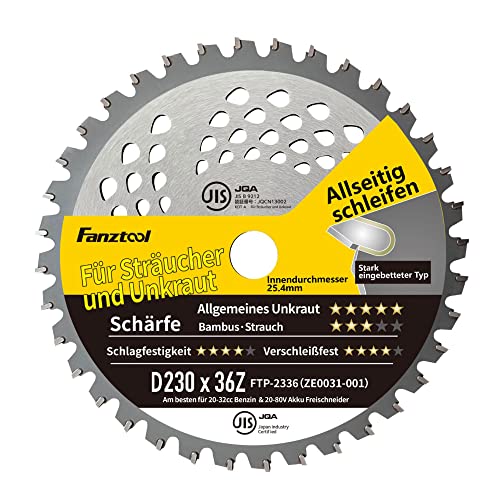 FANZTOOL Hartmetall Kreissägeblatt Freischneider Klinge 230D x 36Z mit Zahnschutz für Mäharbeiten, Ersatzmesser für Akku und Benzin Rasentrimmer & Motorsensen, 25,4mm Bohrungsdurchmesser von FANZTOOL