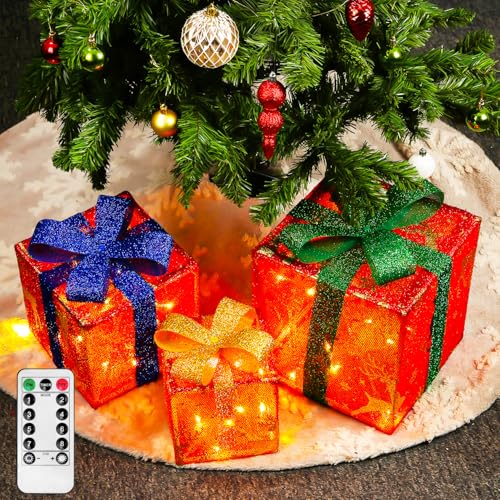 FAOKZE LED Geschenkbox Weihnachten, 3er Led Deko Geschenke Leucht Boxen mit Fernbedienung, 3 Größen, Abnehmbar, Timer, 8 Blitzmodus und Schleifen für Weihnachts Dekoration, Party und Geburtstag von FAOKZE
