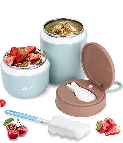 FAOKZE Müslibecher to-Go, Edelstahl Porridge Becher 720ml Auslaufsicher joghurtbecher to go mit löffel und Deckel,Doppelschicht Auslaufsicherer Joghurtbecher für Arbeit, Schule，Tourismus(blue) von FAOKZE