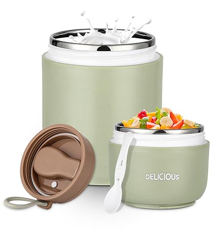 FAOKZE Müslibecher to-Go, Edelstahl Porridge Becher 720ml Auslaufsicher joghurtbecher to go mit löffel und Deckel,Doppelschicht Auslaufsicherer Joghurtbecher für Arbeit, Schule，Tourismus (green) von FAOKZE