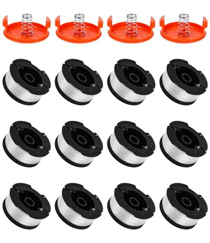 FAOKZE Rasentrimmer Spule,A6481 A6485 Trimmer Fadenspule Für Black und Decker Rasentrimmer, Trimmer Spule AF100, Ø1,65mm,9m Trimmer Spule(12 Ersatzspulen + 4 Kappe + 4 Feder) von FAOKZE