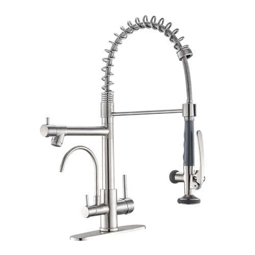 Fapully 3-in-1-Küchenarmatur mit Wassereinfüller und herausziehbarem Sprüher, gebürstetes Nickel, kommerzielle Küchenspüle, Wasserhahn mit Trinkwasserhahn von FAPULLY