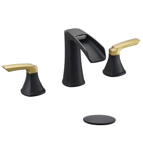 Fapully Badezimmer-Wasserhahn, 3 Löcher, Wasserfall, 20,3 cm, breite Waschbeckenarmatur mit Pop-Up-Ablauf, mattschwarz und goldfarben, Zweigriff-Armaturen für Waschbecken Fapully Badezimmer-Wasserhahn, 3 Löcher, Wasserfall, 20,3 cm, breite Waschbeckenarmatur mit Pop-Up-Ablauf, mattschwarz und goldfarben, Zweigriff-Armaturen für Waschbecken von FAPULLY