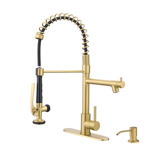 Fapully Kommerzielle Küchenspüle Wasserhahn mit herausziehbarem Sprüher, gebürstetes Gold, Einhandarmaturen für Küchenspüle, Küchenarmatur mit Seifenspender und Deckplatte für 4 Löcher von FAPULLY