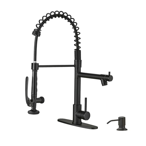 Fapully Kommerzielle ausziehbare Küchenspüle Wasserhahn mit Sprüher, mattschwarz, Einhandarmaturen für Küchenspüle, Küchenarmatur mit Seifenspender und Deckplatte für 4 Löcher von FAPULLY