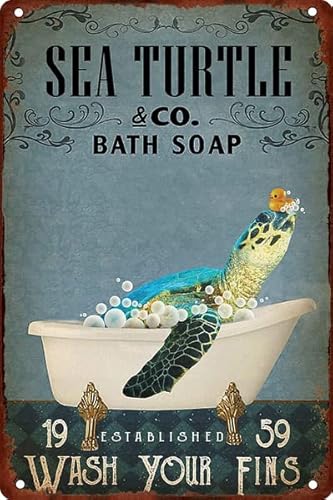 Home Metal Tin Sign Sea Turtle Co. Bath Wash Your Fins Metal Tin Sign Vintage Tin Sign Metal Poster Wall Decor Metal Sign Office Cafe Bathroom Badroom 8X12 Inch von FAQOIR