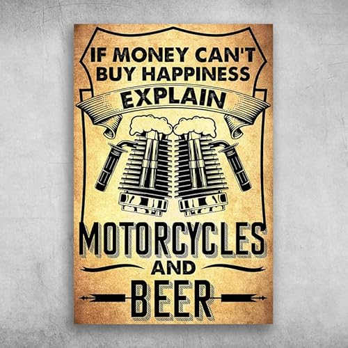 Metall-Blechschild im Retro-Stil, Aufschrift "If Money Can't Buy Happiness Explplain Beer And Motorcycles" Metallschild Bar Pub Garage Diner Cafe Home Wall Decor Art Poster Retro Vintage Blech Metall von FAQOIR