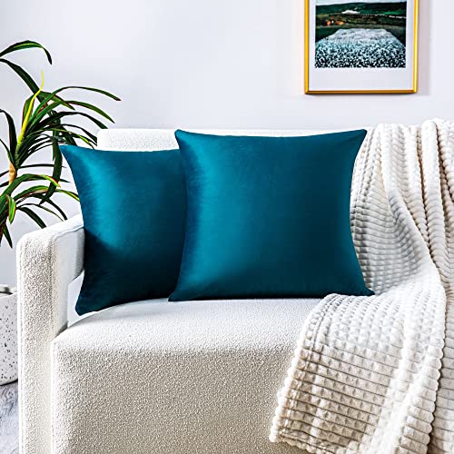 FARFALLAROSSA 2er-Set Kissenbezüge für Sofa55x55 cm, Kissenbezüge aus Samt mit verdecktem Reißverschluss verstärkt, ideal für dekorative Sofakissen - Grün Blau von FARFALLAROSSA