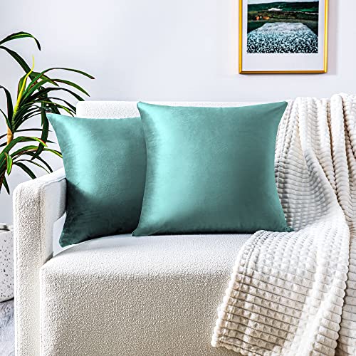 FARFALLAROSSA 2er-Set Kissenbezüge für Sofa55x55 cm, Kissenbezüge aus Samt mit verdecktem Reißverschluss verstärkt, ideal für dekorative Sofakissen - Hellgrün von FARFALLAROSSA