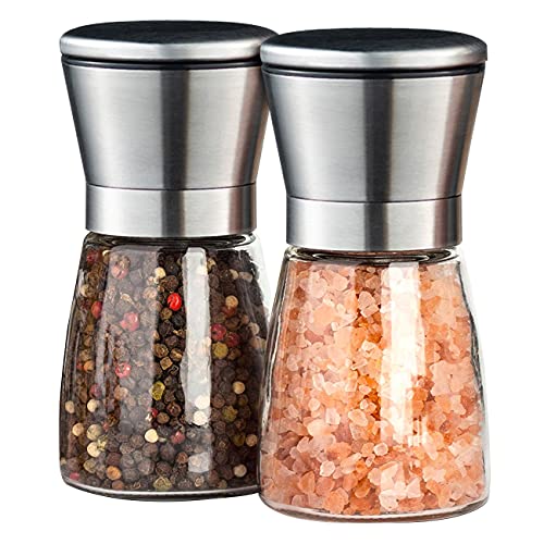 FARI Salz- und Pfeffermühlen Set, 2er Pack von Glas Pfeffermühlen Shaker mit Einstellbarer Grobheit (kurz) von FARI