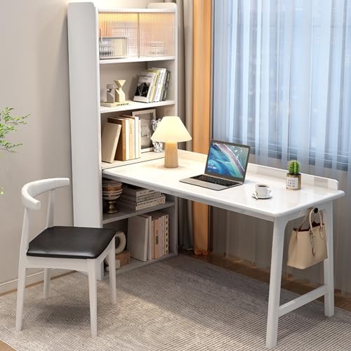 Home-Office-Computertisch mit Bücherregal und Glastür, moderner Eckschreibtisch mit offenen Regalen, Schreibtisch, Schreibtisch aus massivem Holz (47 Zoll, weiß) von FARIH