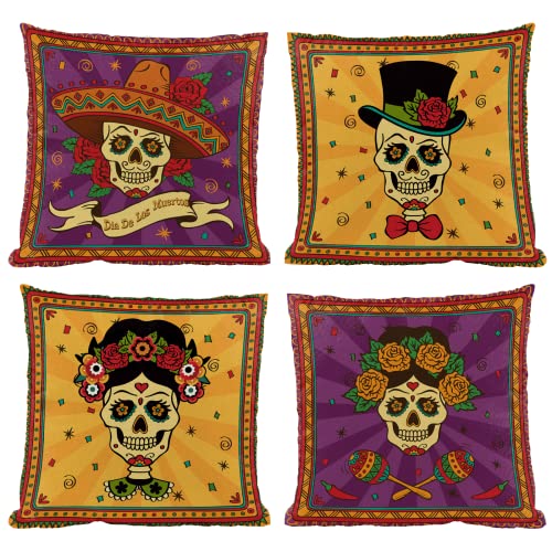 FARMNALL Dia De Los Muertos Kissenbezug mit Totenkopf-Motiv, 45,7 x 45,7 cm, Set mit 4 Kissenbezügen, Motiv: Tag der Toten, mexikanische Fiesta, Dekorationen und Zubehör von FARMNALL