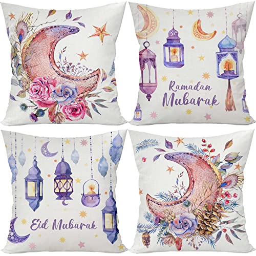 FARMNALL Leinen Ramadan Mubarak Kissenbezüge 45,7 x 45,7 cm, 4 Stück, Moscheenmuster, islamischer Mubarak-Kissenbezug Ramadan Mubarak Dekorationen Bett Couch Sofa Kissen Auto Stuhl Kissen von FARMNALL