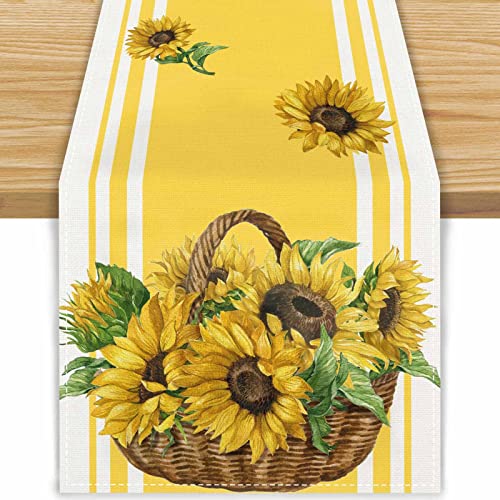 FARMNALL Leinen-Tischläufer, Frühling, Sonnenblume, 183 cm, lang, Bauernhaus, Frühling, Sommer, Herbst, Zuhause, Küche, Dinging, Zimmer, Tischdekoration, 33 x 183 cm von FARMNALL