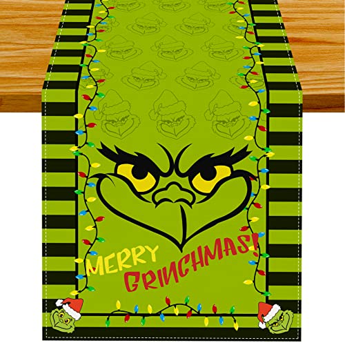 FARMNALL Tischläufer für Weihnachten, Merry Grinchmas, Leinen, Grün, Weihnachten, Winter, Urlaub, Zuhause, Küche, Esszimmer, Tischdekoration, 33 x 183 cm von FARMNALL