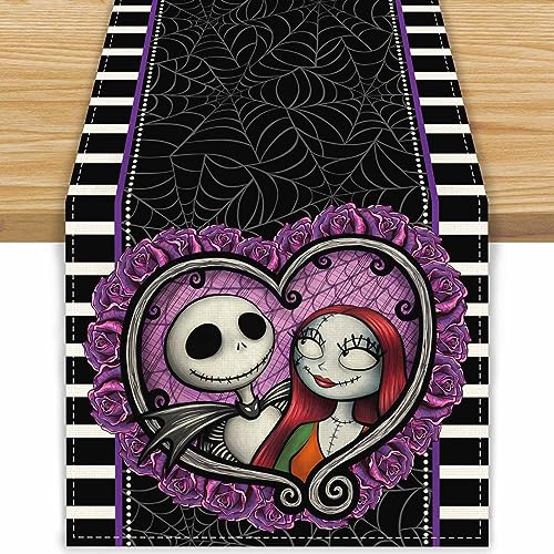 Leinen Halloween Dekorationen Nightmare Before Christmas Jack Skellington Jack und Sally Halloween Tischläufer Halloween Dekorationen für Zuhause Küche Esszimmer Halloween Party Dekorationen 33 x 183 von FARMNALL