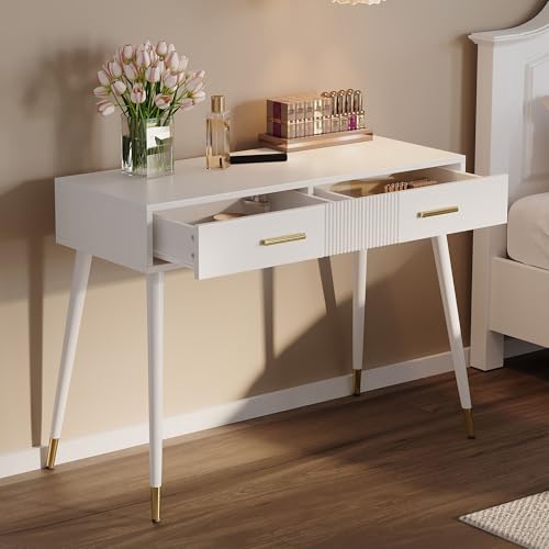 FARRINGTON Moderner Schminktisch mit 2 Schubladen, 100 x 40 x 76 cm, Weiß mit Goldfarbenen Akzenten, Multifunktional als Schreibtisch von FARRINGTON