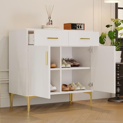 FARRINGTON Modernes Sideboard mit 4 Türen, Schwarz mit Goldakzenten, 150 x 40 x 80 cm, Geometrisches Design, Kommoden & Sideboards, Metallbeine (Weiß E) von FARRINGTON