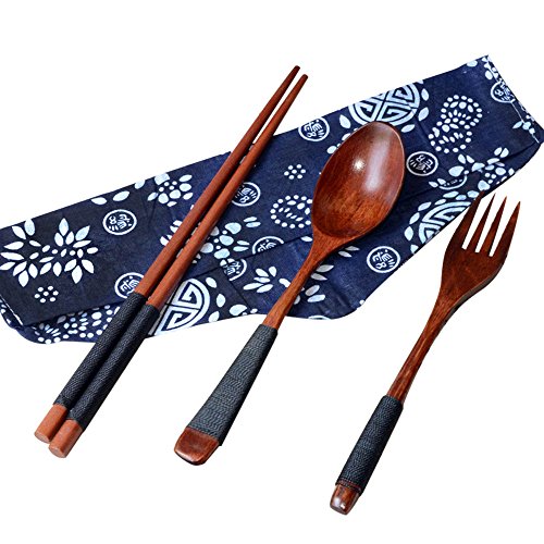 3-teiliges Holzbesteck Reiseutensilien Geschenk-Set, japanische Vintage-Holz-Essstäbchen, Löffel, Gabel, Geschirr-Set, Küchengeschirr, Geschirr, Besteck, umweltfreundliches natürliches Holzbesteck von FARUTA