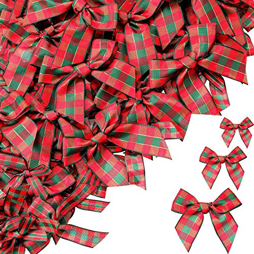 FARUTA 100 Stück Gingham-Schleifen Urlaub Dekorative Schleifen 3 Größen Büffelkaro Bastelband Schleifen Mini Karierte Band Schleifen für Haarschmuck Weihnachten Wrapping Dekor (Farbe: Rot und Grün) von FARUTA