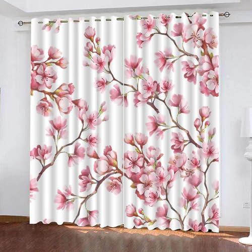 FARUTA Kirschblüte Druck 3D Gardinen Wohnzimmer Blumen Vorhänge Mit Ösen Modern Vorhang Blickdicht Mit Muster 2Er Set Gardine Für Schlafzimmer 2 Stücks (234x137 cm) von FARUTA