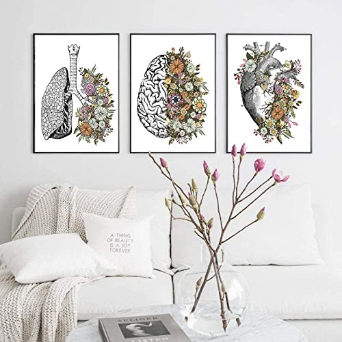 FARYHLR prada bild Vintage Anatomie Blumen Herz Gehirn Lungen Druck Poster Kunst Druckbare Wanddekor Leinwand Leinwand Medizinische Klinik Wandbild Dekor | 50x70cmx3Pcs / Kein Rahmen von FARYHLR