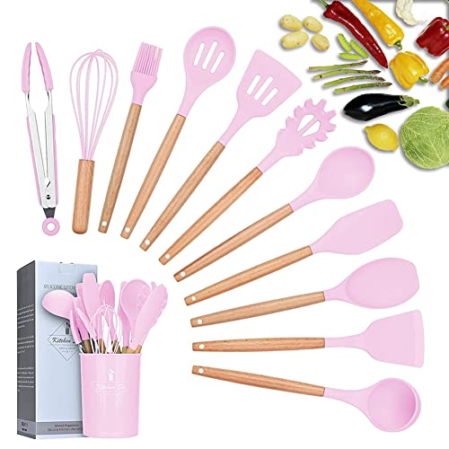 FARYODI Küchenhelfer Set - 12-teilig, hitzebeständig, antihaftbeschichtet, mit Holzgriffen, inklusive Löffel, Tongs, Schneebesen und Spachtel Rosa von FARYODI